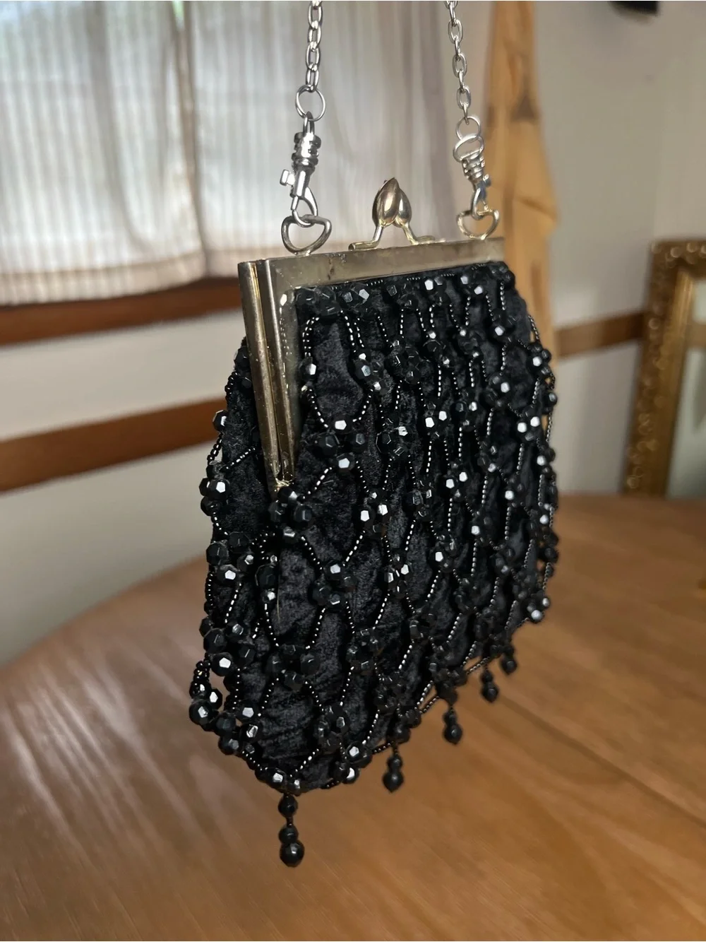 Vintage-Inspired Black Beaded Crochet Fringe Evening Bag